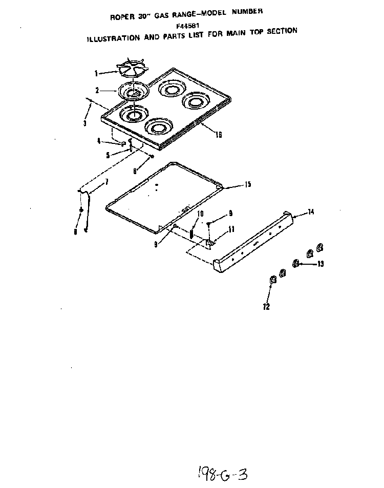 Main Top Diagram and Parts List for F4458W1  Roper Range