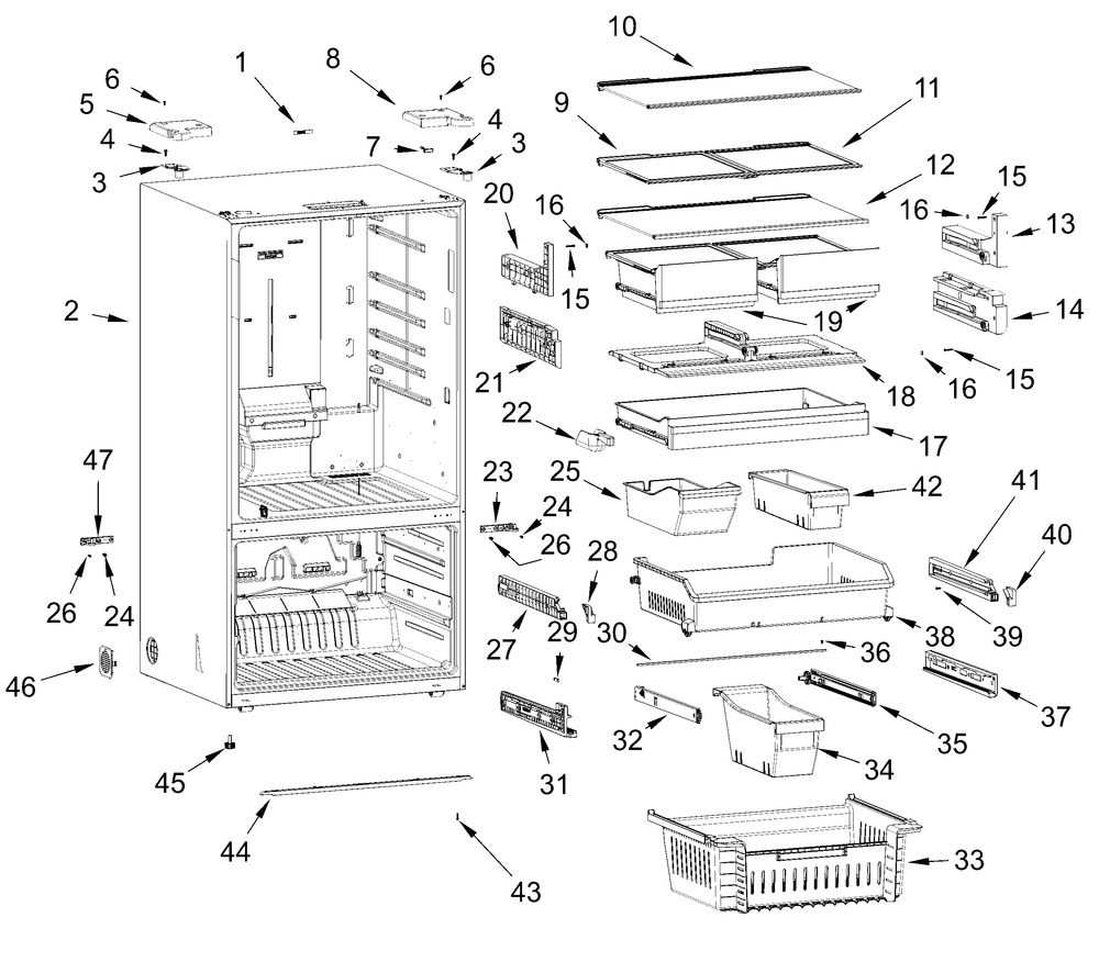 Cabinet And Shelf Parts Diagram and Parts List for WRFF3336SW00 WRFF3336SB00-WRFF3336SZ00 Whirlpool Refrigerator