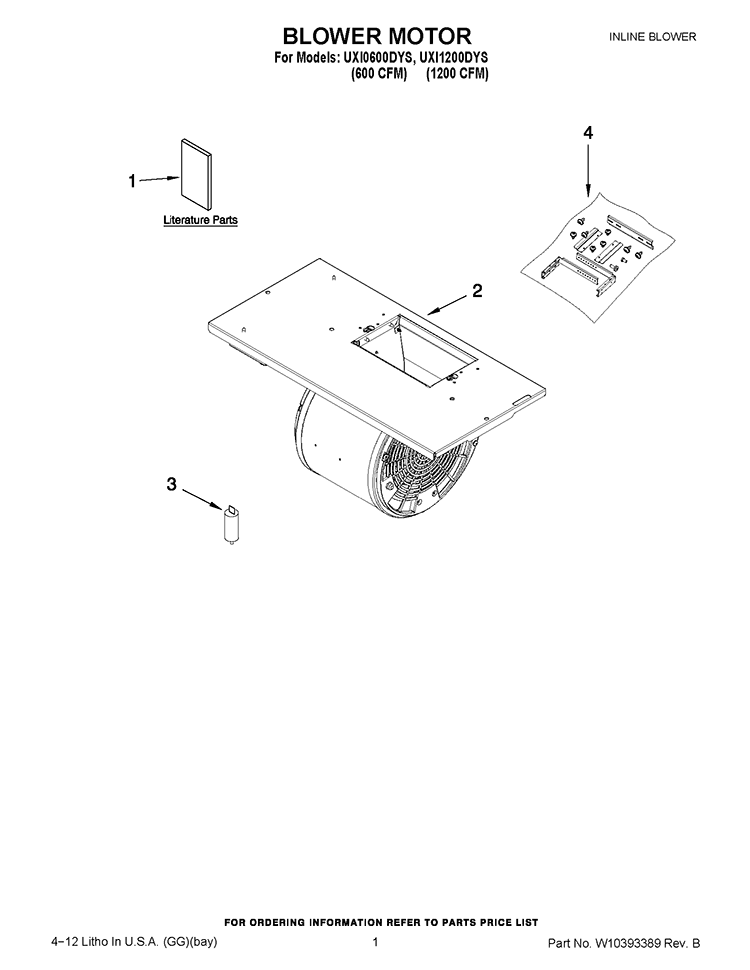 BLOWER MOTOR Diagram and Parts List for UXI0600DYS  Whirlpool Range Hood