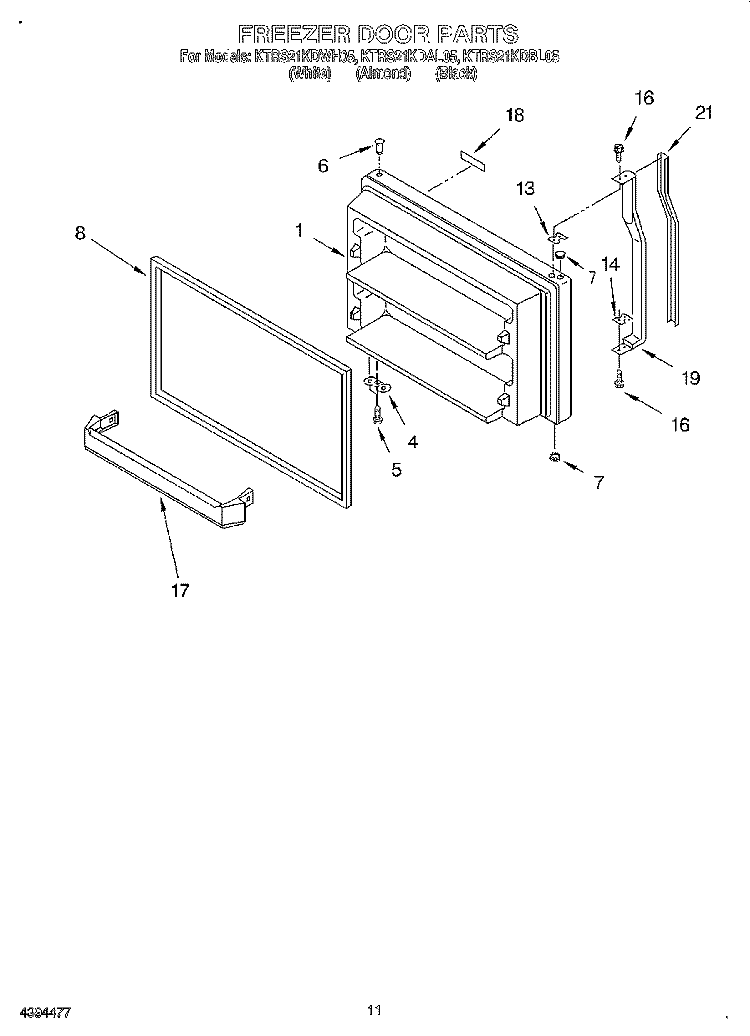 FREEZER DOOR, LIT/OPTIONAL Diagram and Parts List for KTRS21KDAL05  KitchenAid Refrigerator
