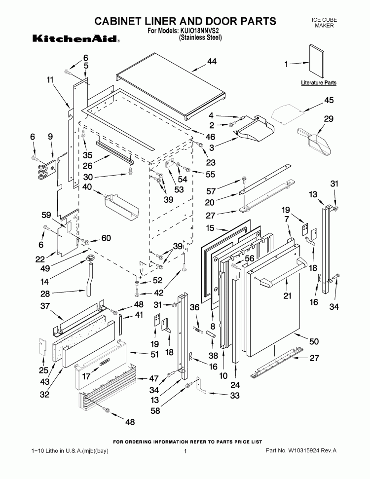 CABINET LINER AND DOOR PARTS Diagram and Parts List for KUIO18NNVS2  KitchenAid Ice Maker