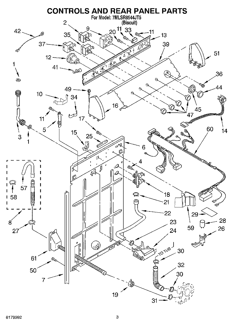 CONTROLS AND REAR PANEL PARTS Diagram and Parts List for 7MLSR8544JT5  Whirlpool Washer
