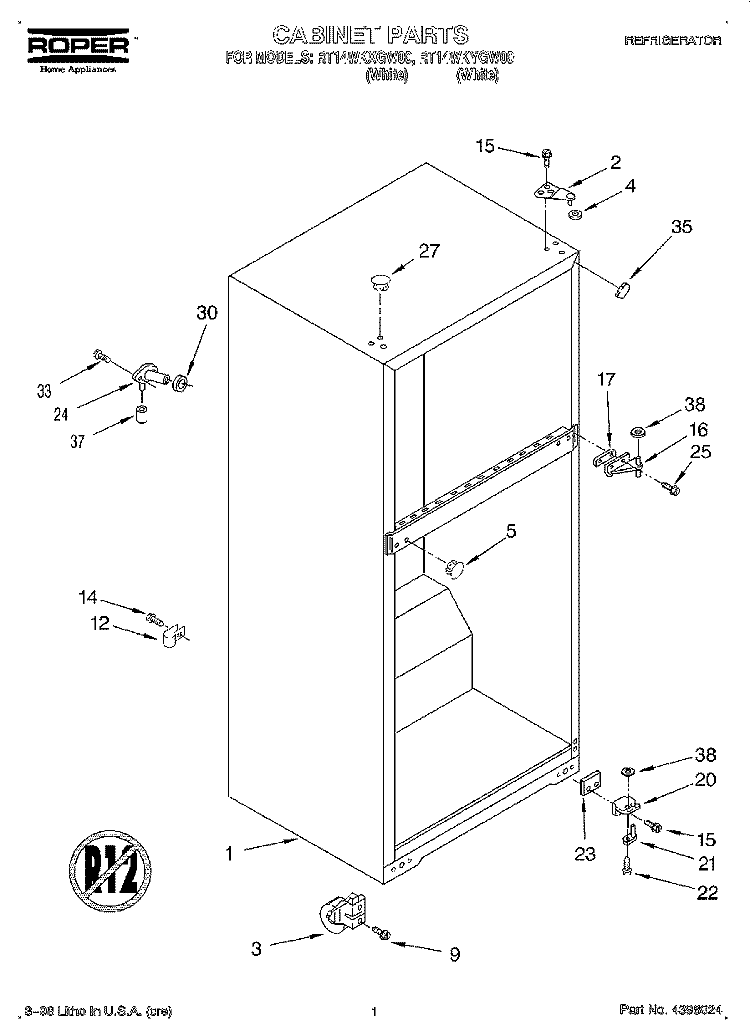 CABINET Diagram and Parts List for RT14WKYGW00  Roper Refrigerator