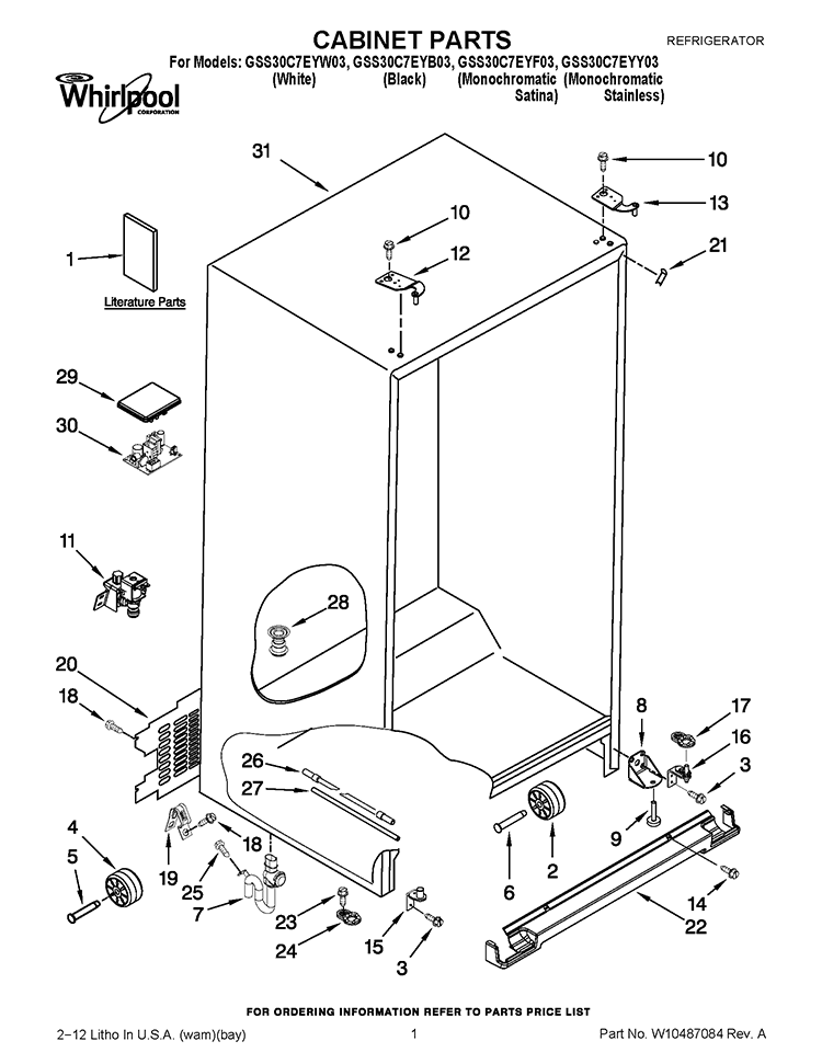 CABINET PARTS Diagram and Parts List for GSS30C7EYW03  Whirlpool Refrigerator