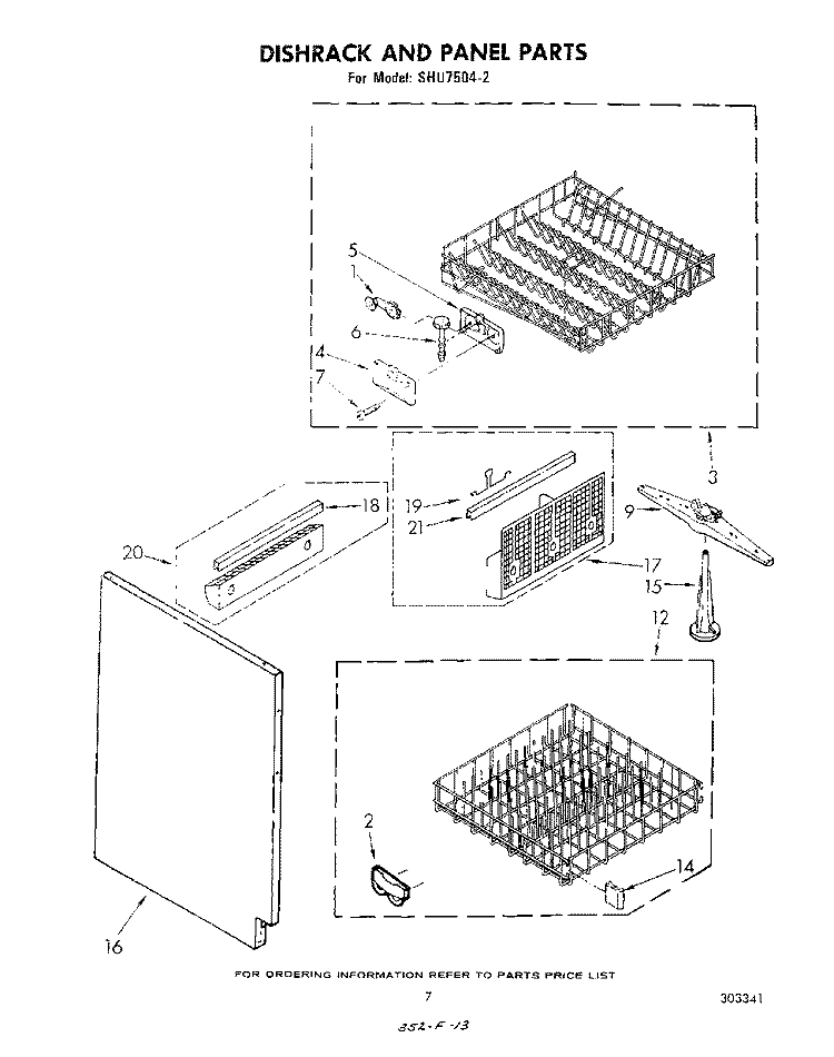 DISHRACK AND PANEL Diagram and Parts List for SHU75042  Whirlpool Dishwasher