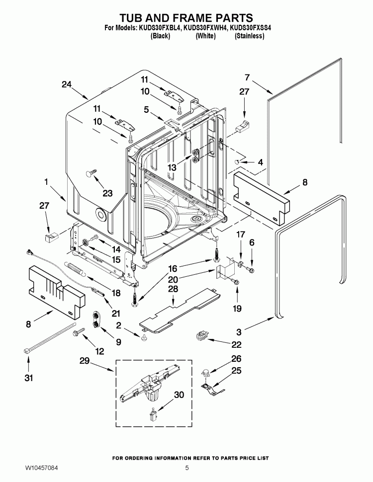 TUB AND FRAME PARTS Diagram and Parts List for KUDS30FXBL4  KitchenAid Dishwasher