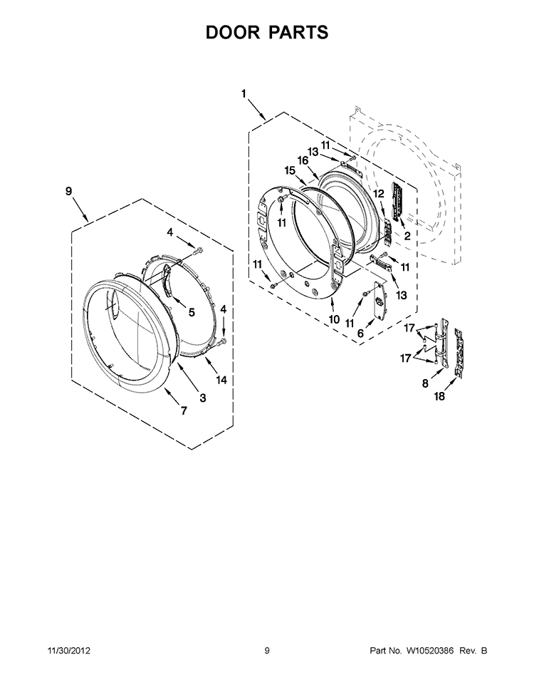 DOOR PARTS Diagram and Parts List for YWED94HEAC0  Whirlpool Dryer