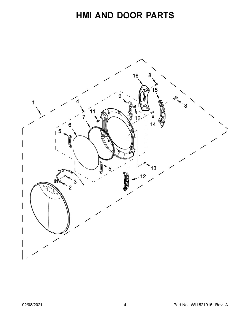 Hmi And Door Parts Diagram and Parts List for YWED9620HW2  Whirlpool Dryer