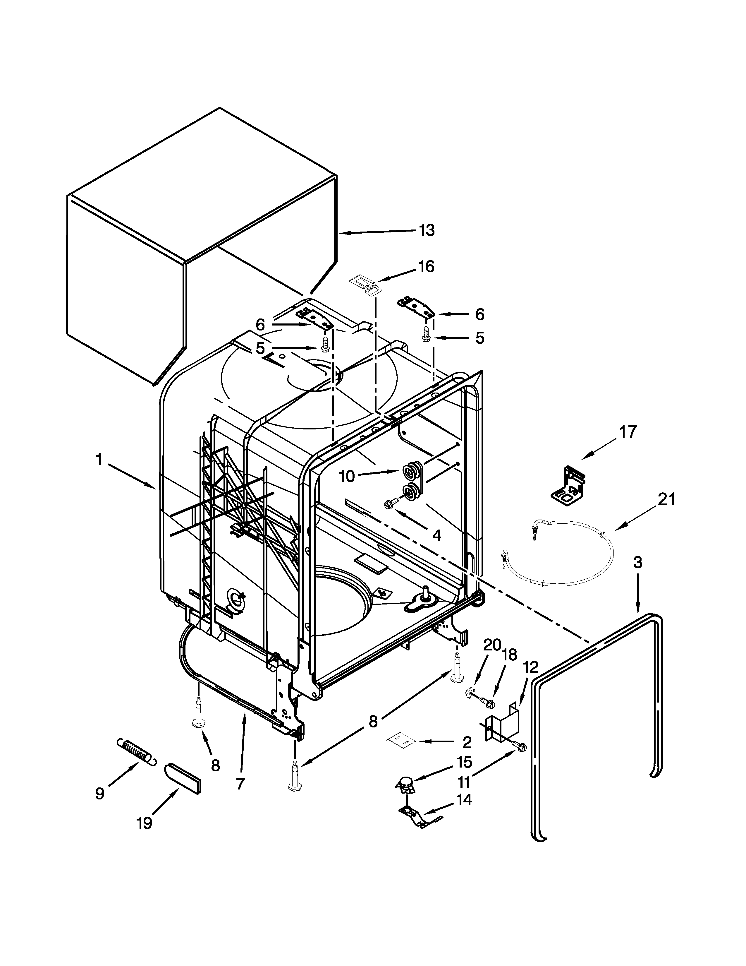 Tub And Frame Parts Diagram and Parts List for IDF320PAFW0  Whirlpool Dishwasher