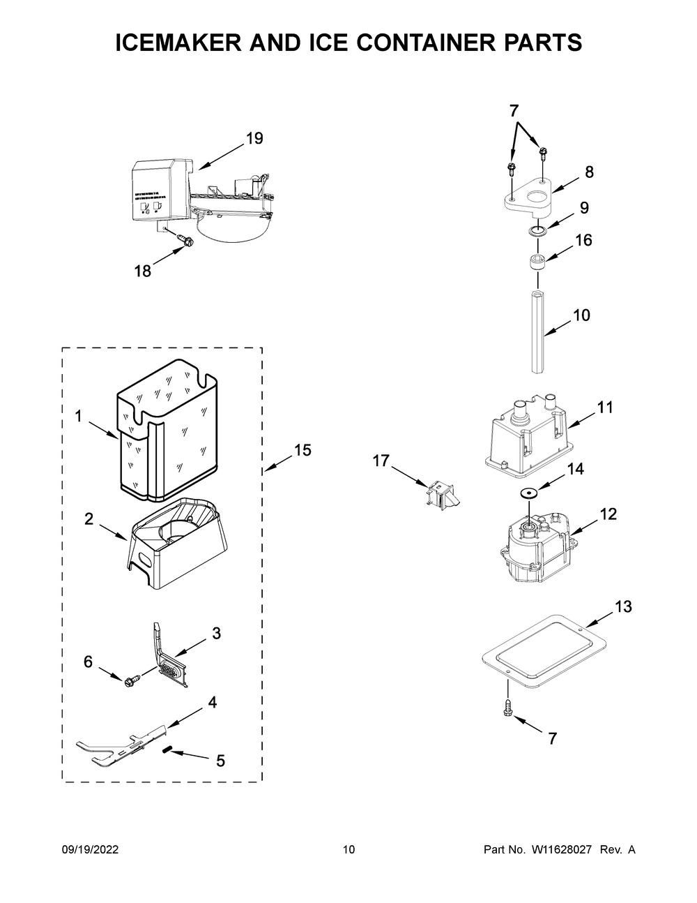 Icemaker And Ice Container Parts Diagram and Parts List for KBSD702MSS00  KitchenAid Refrigerator