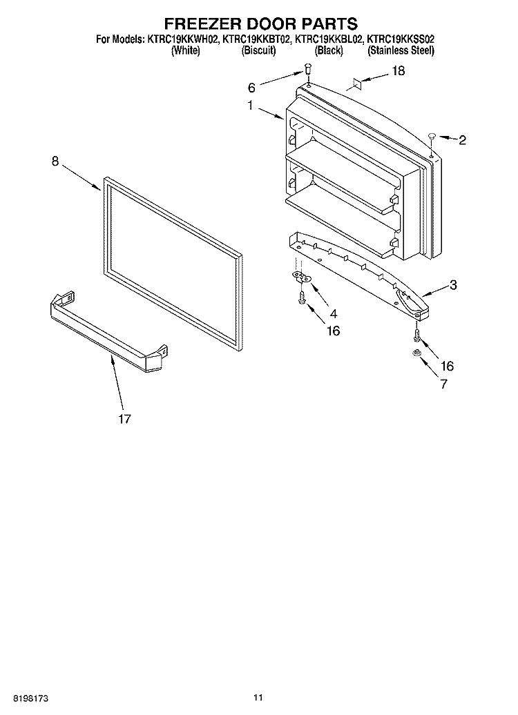 FREEZER DOOR, OPTIONAL Diagram and Parts List for KTRC19KKWH02  KitchenAid Refrigerator