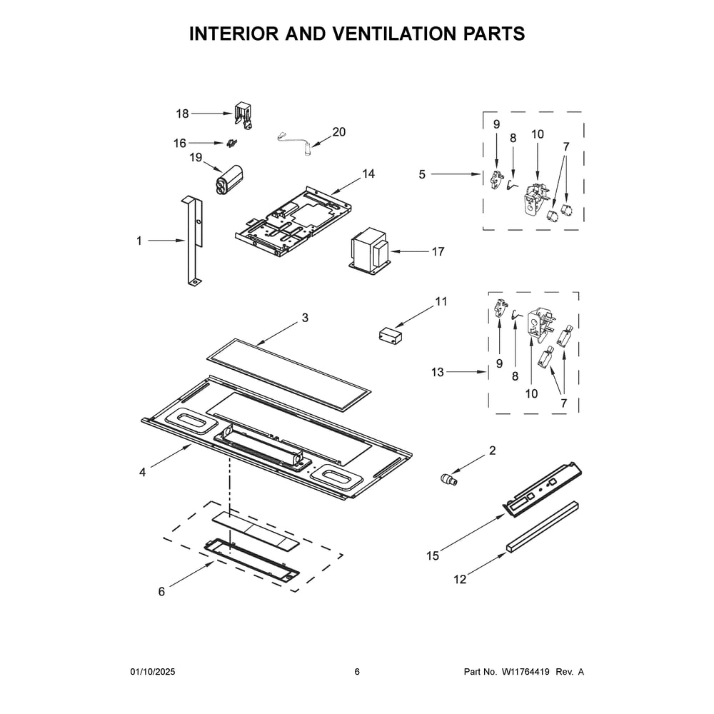 Interior And Ventilation Parts Diagram and Parts List for WMMS3130RS02  Whirlpool Microwave