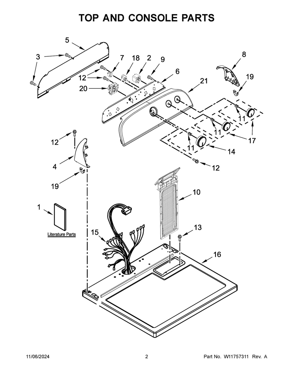 02 - Top And Console Parts Diagram and Parts List for CDEW7110RW0  Whirlpool Dryer