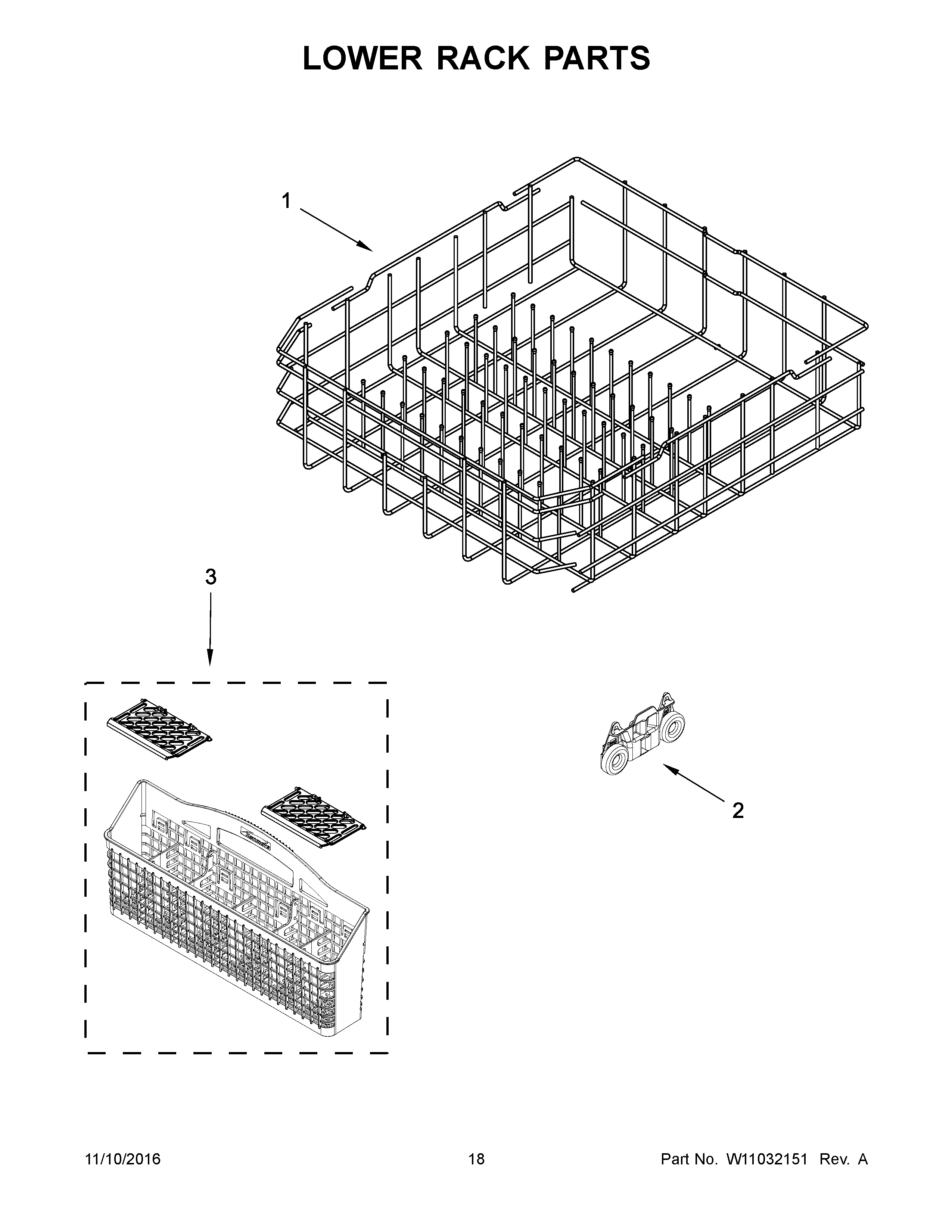 Lower Rack Parts Diagram and Parts List for 66513543N413  Kenmore Dishwasher