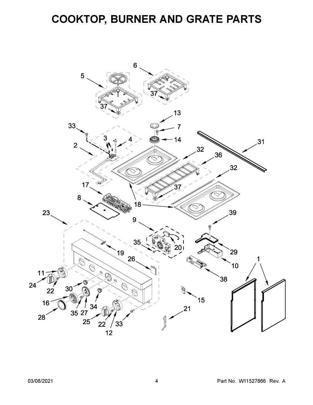 Cooktop, Burner And Grate Parts Diagram and Parts List for KFDC500JPA01  Whirlpool Range