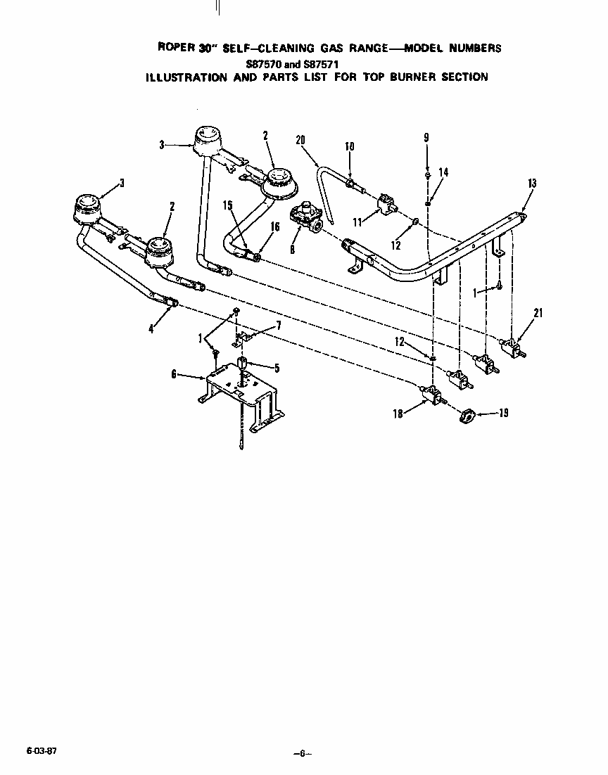 Top Burner Diagram and Parts List for S8757*0  Roper Range