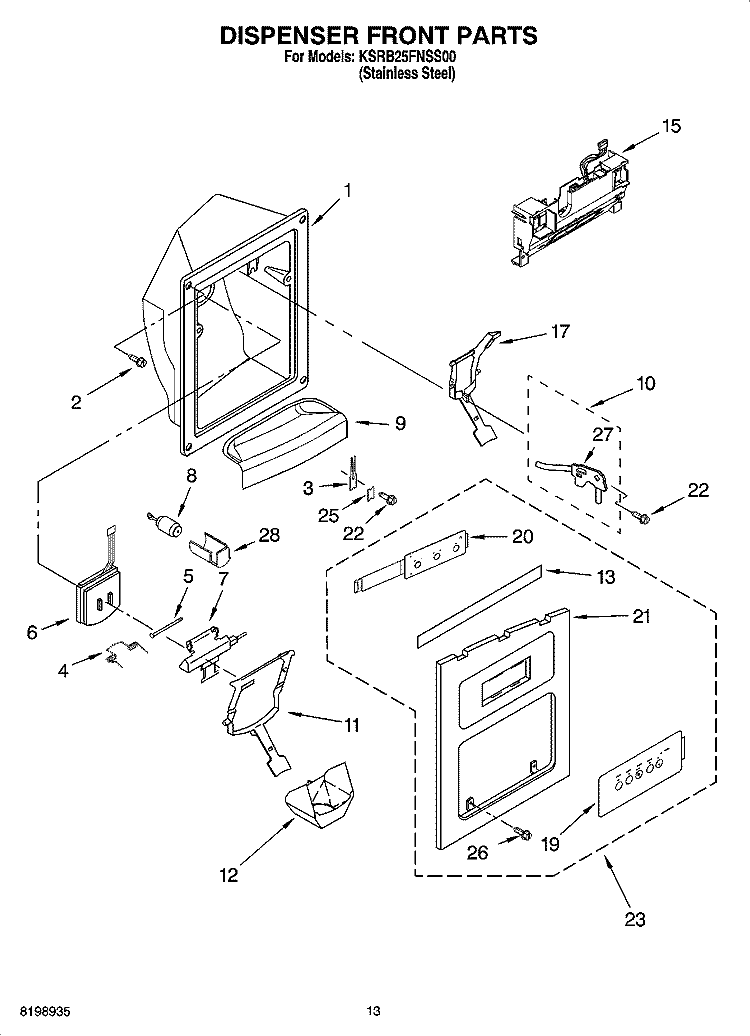 DISPENSER FRONT PARTS Diagram and Parts List for KSRB25FNSS00  KitchenAid Refrigerator