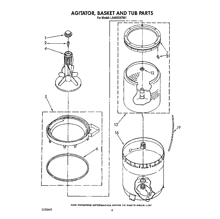 AGITATOR, BASKET AND TUB Diagram and Parts List for LA4800XTF1  Whirlpool Washer