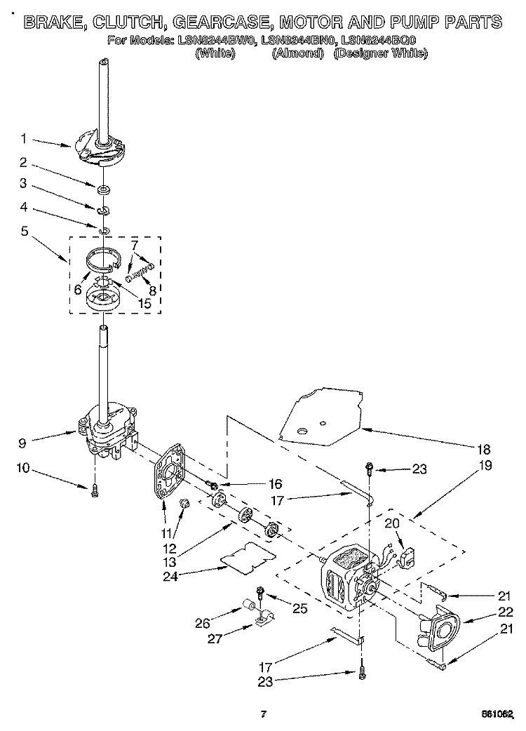 BRAKE, CLUTCH, GEARCASE, MOTOR & PUMP Diagram and Parts List for LSN8244BN0  Whirlpool Washer
