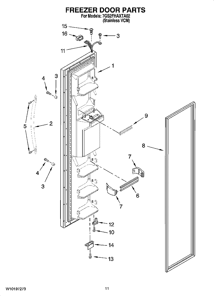 FREEZER DOOR PARTS Diagram and Parts List for 7GS2FHAXTA02  Whirlpool Refrigerator