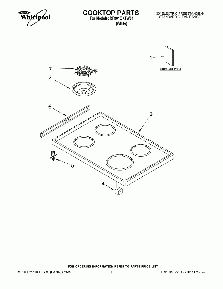 COOKTOP PARTS Diagram and Parts List for RF301OXTW01  Whirlpool Range