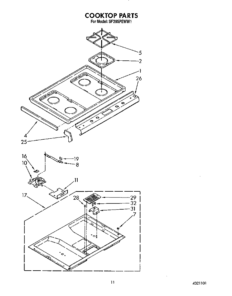 COOKTOP Diagram and Parts List for SF395PEWW1  Whirlpool Range