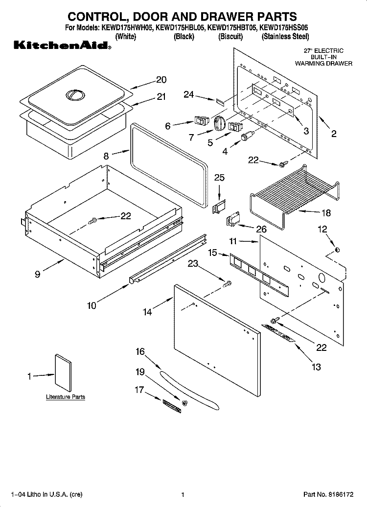 CONTROL, DOOR AND DRAWER PARTS Diagram and Parts List for KEWD175HBL05  KitchenAid Warming Drawer