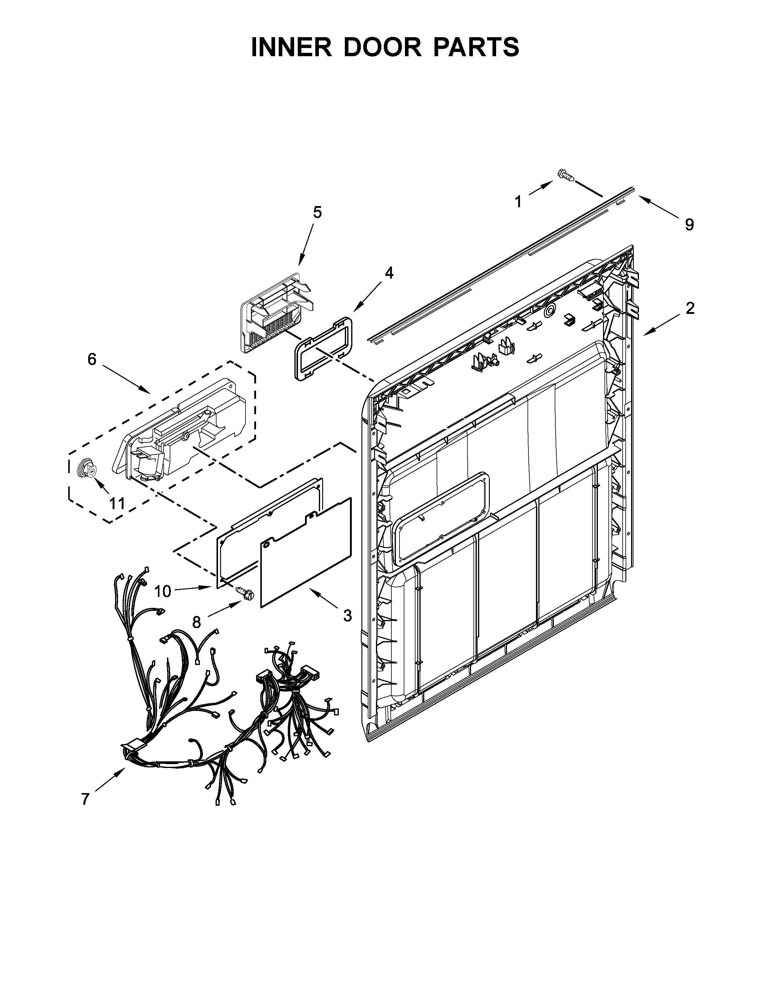 Inner Door Parts Diagram and Parts List for IDF330PAGW0  Whirlpool Dishwasher