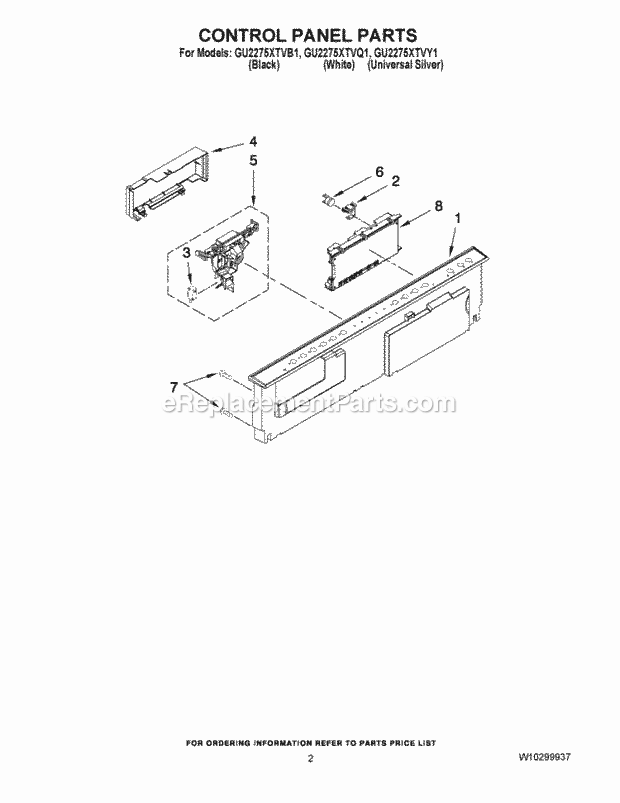 CONTROL PANEL PARTS Diagram and Parts List for GU2275XTVY1  Whirlpool Dishwasher
