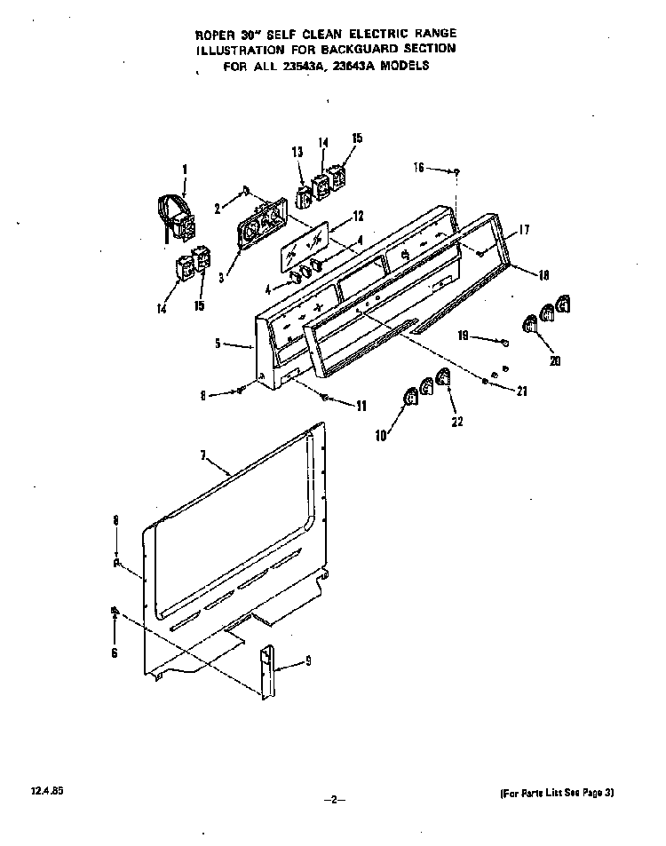 Backguard Diagram and Parts List for 2354*3A  Roper Range