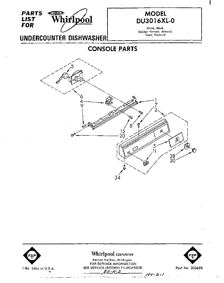 CONSOLE Diagram and Parts List for DU3016XL0  Whirlpool Dishwasher