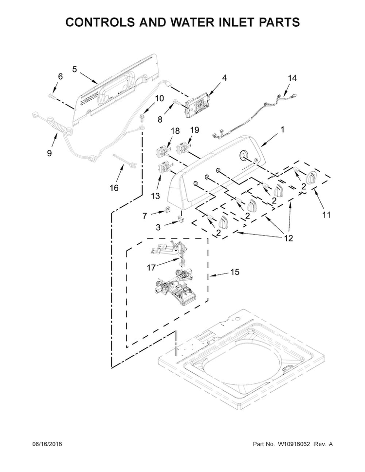 Controls And Water Inlet Parts Diagram and Parts List for 11022332511  Kenmore Washer