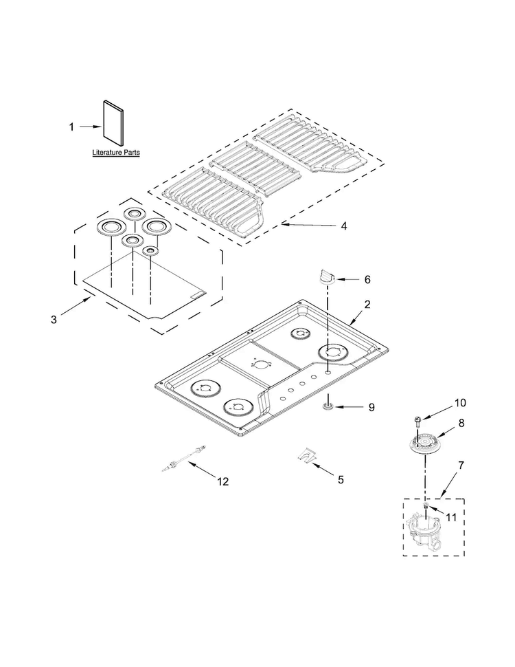 Cooktop, Burner And Grate Parts Diagram and Parts List for WCG51US6DB00  Whirlpool Cooktop