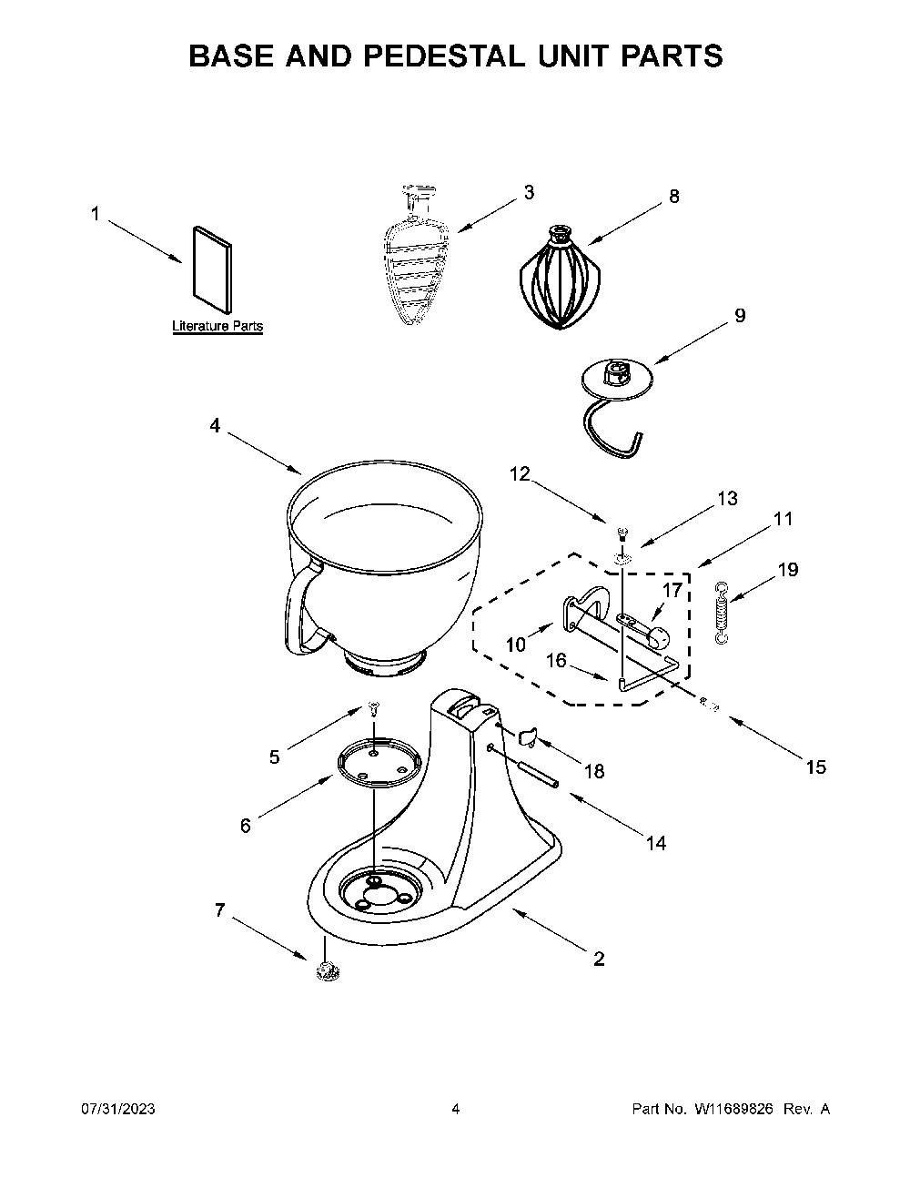 Base And Pedestal Unit Parts Diagram and Parts List for 5KSM193ADEMH5  KitchenAid Mixer