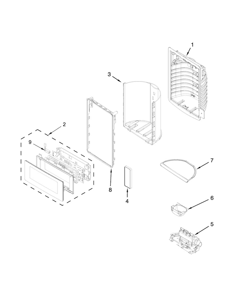 Dispenser Front Parts Diagram and Parts List for WRX988SIBH00  Whirlpool Refrigerator