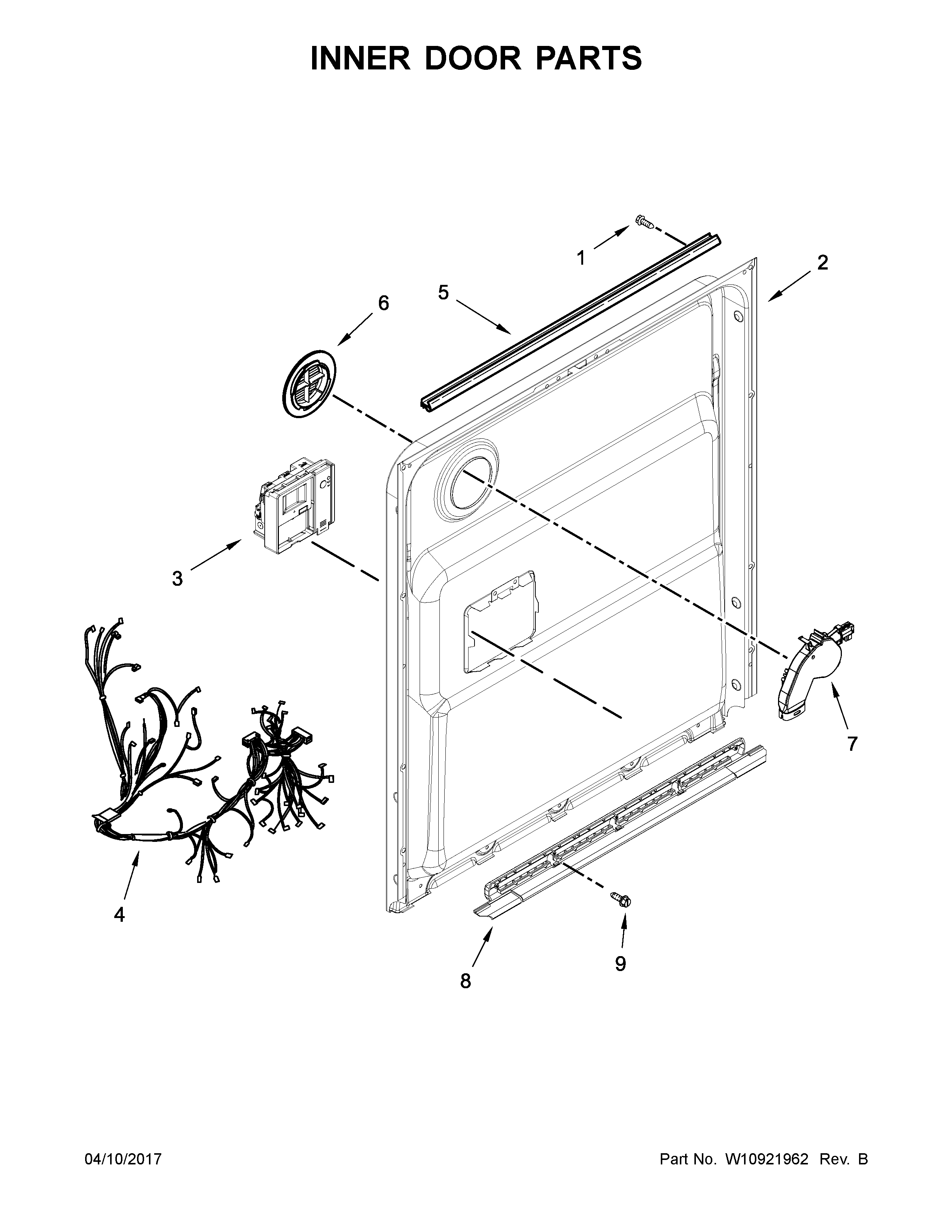 Inner Door Parts Diagram and Parts List for 66514579N611  Kenmore Dishwasher