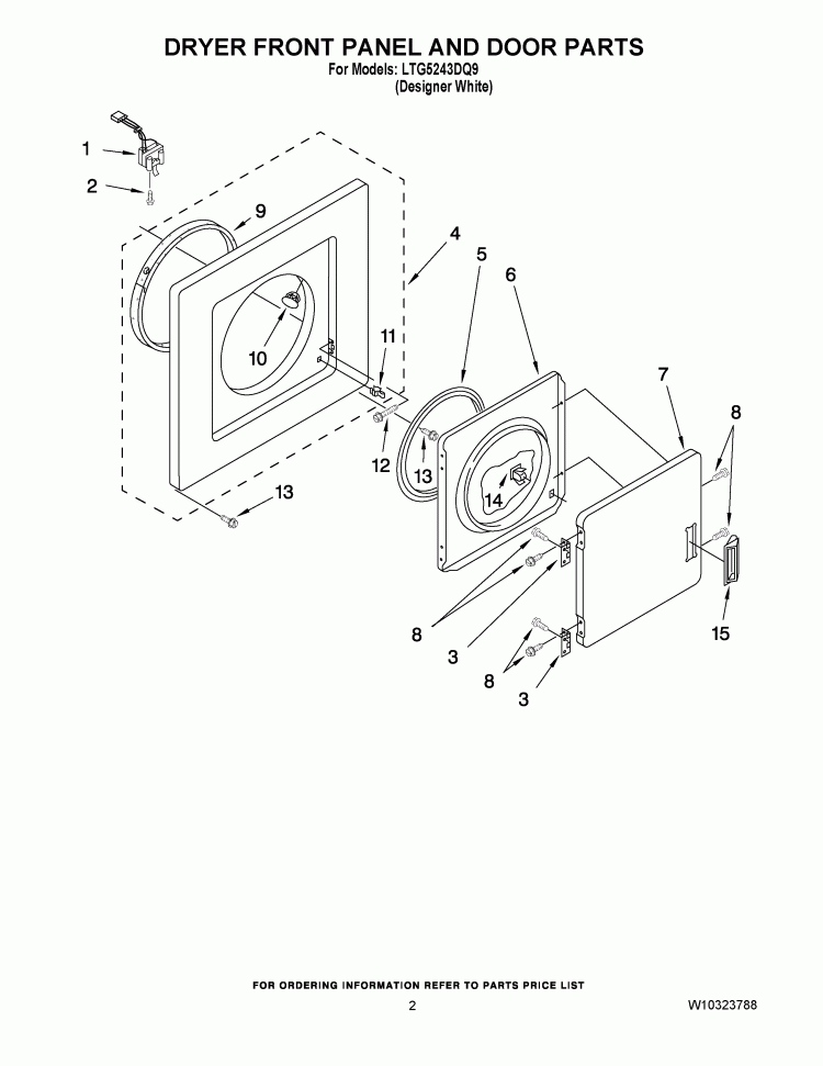 DRYER FRONT PANEL AND DOOR PARTS Diagram and Parts List for LTG5243DQ9  Whirlpool Washer Dryer Combo