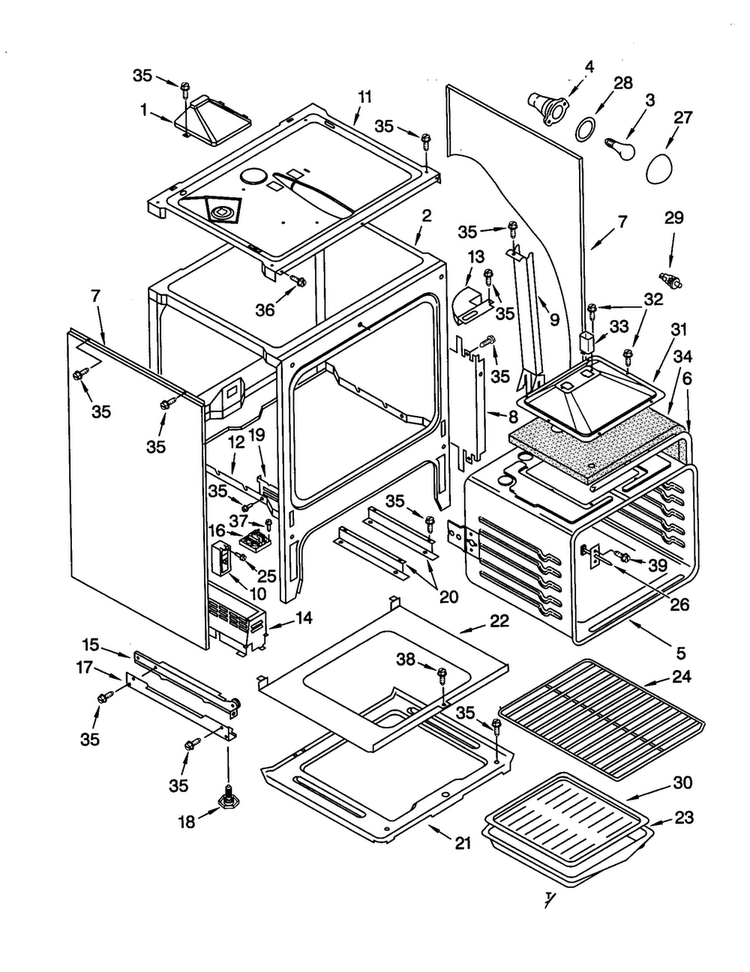 Oven Chassis Diagram and Parts List for GW395LEGT2  Whirlpool Range