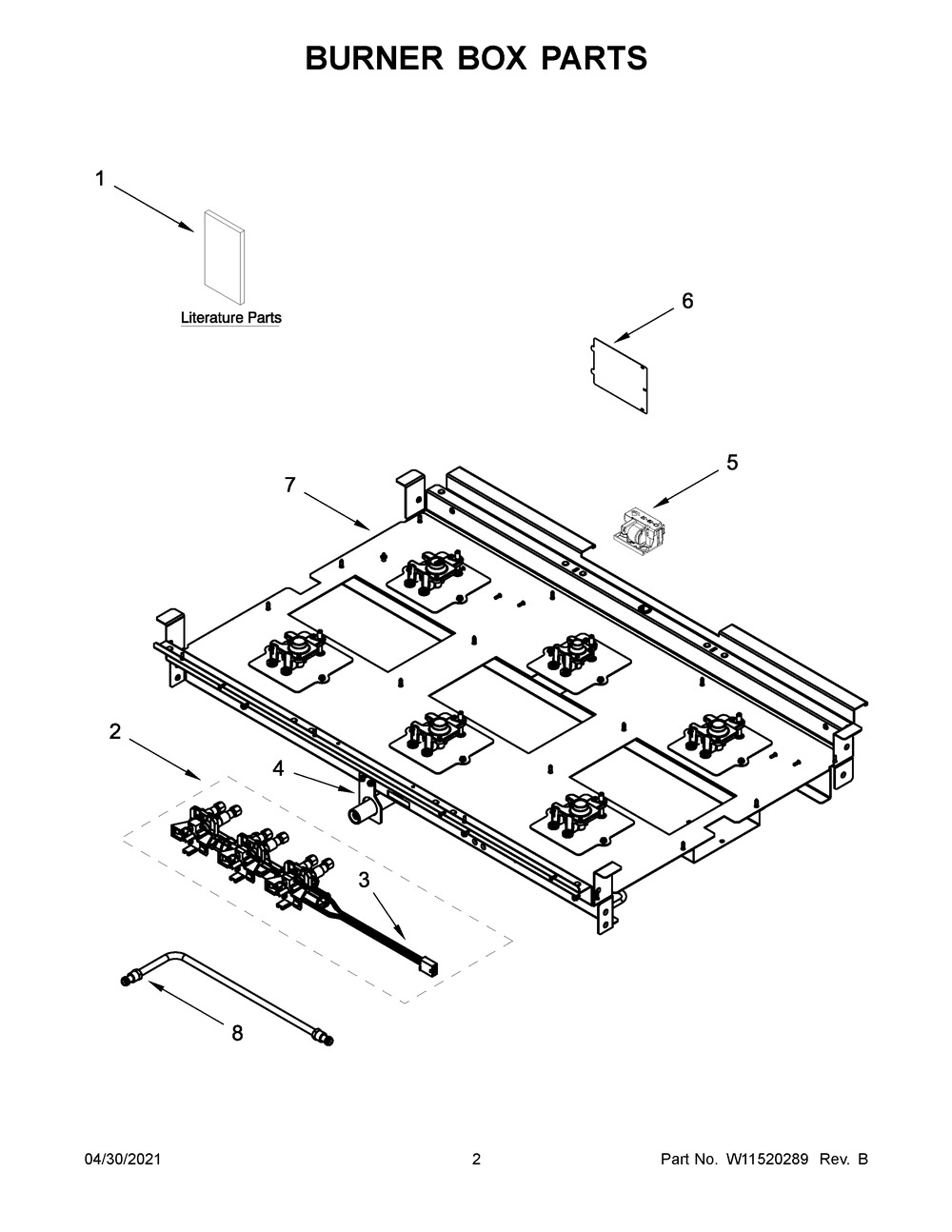 Burner Box Parts Diagram and Parts List for KFGC506JMB01  Whirlpool Range