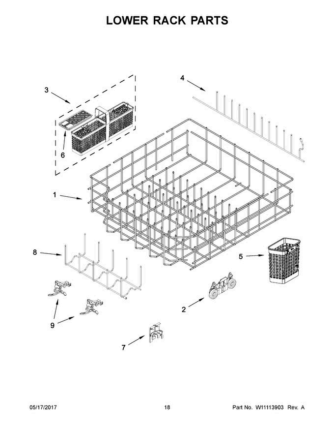 10 - Lower Rack Parts Diagram and Parts List for KDTM354EBS3  KitchenAid Dishwasher