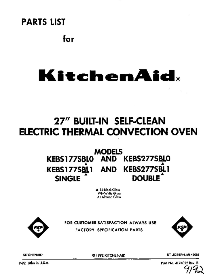 Front Cover Diagram and Parts List for KEBS177SBL1  KitchenAid Wall Oven