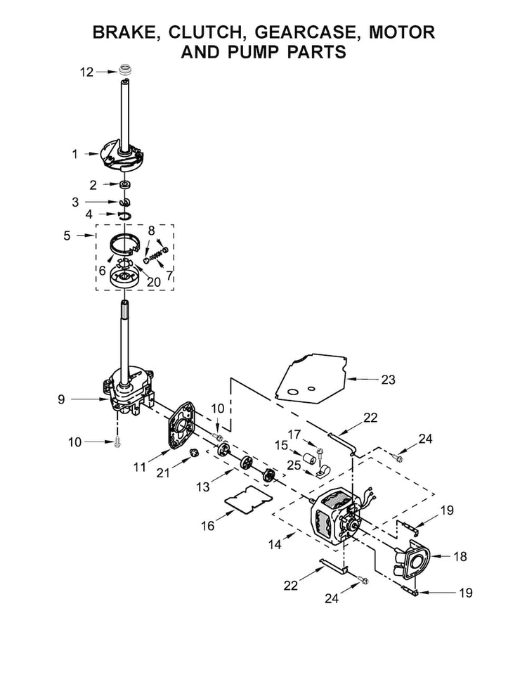 Brake, Clutch, Gearcase, Motor And Pump Parts Diagram and Parts List for WET4027EW0  Whirlpool Washer Dryer Combo