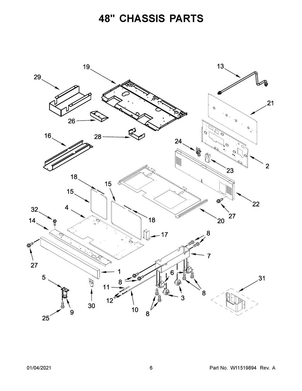 48 Inch Chassis Parts Diagram and Parts List for KFDC558JMB01  Whirlpool Range