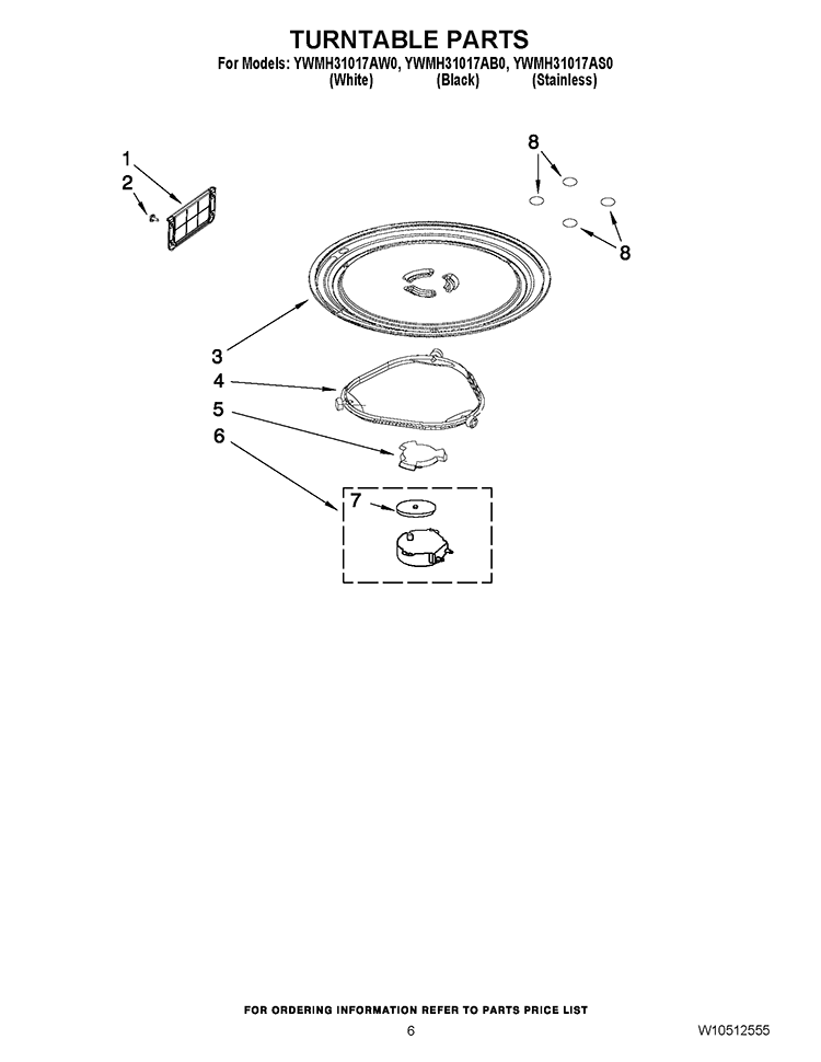 TURNTABLE PARTS Diagram and Parts List for YWMH31017AB0  Whirlpool Microwave