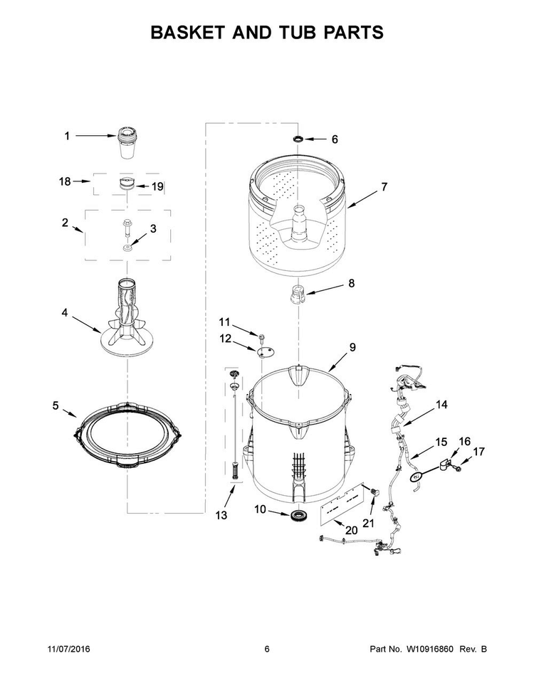 Basket And Tub Parts Diagram and Parts List for 3DWTW3000FW0  Whirlpool Washer