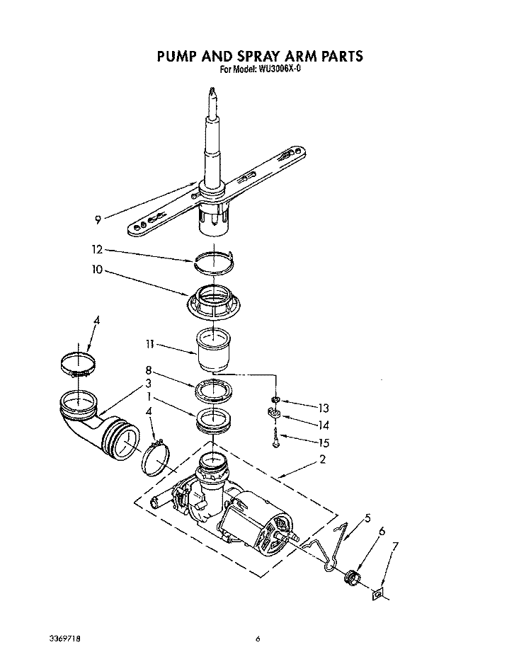 PUMP AND SPRAY ARM Diagram and Parts List for WU3006X0  Roper Dishwasher