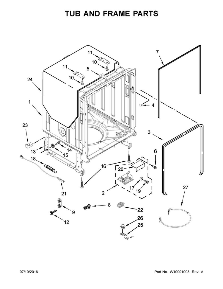 Tub And Frame Parts Diagram and Parts List for KDTE204EBL2  KitchenAid Dishwasher