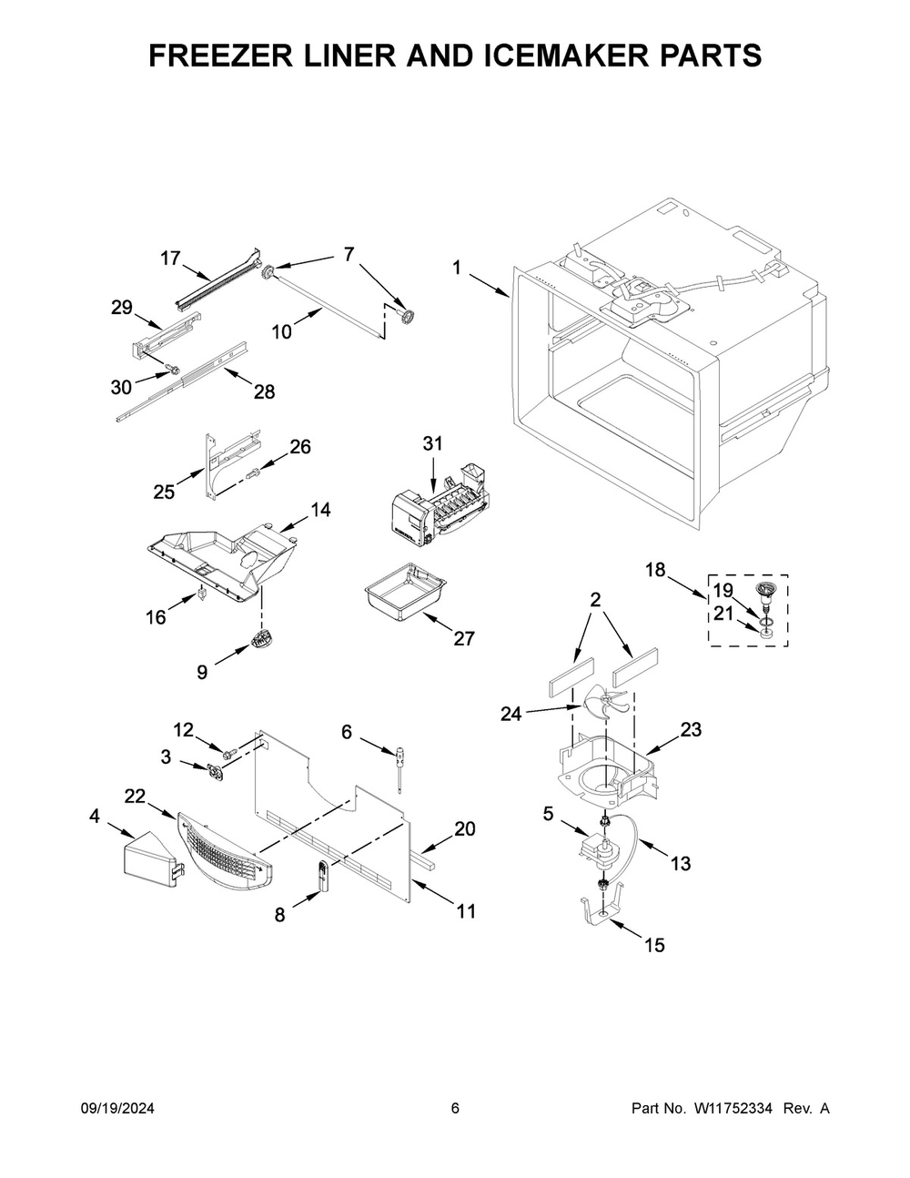 04 - Freezer Liner And Icemaker Parts Diagram and Parts List for WRFF3236RV00  Whirlpool Refrigerator