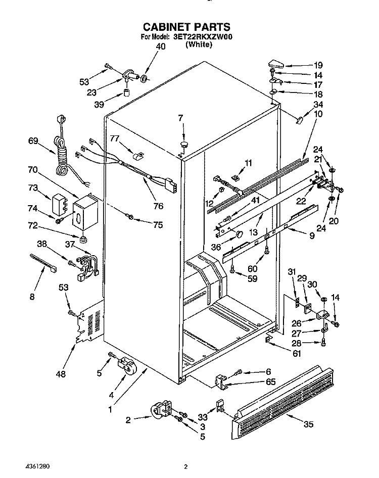 CABINET Diagram and Parts List for 3ET22RKXZW00  Whirlpool Refrigerator