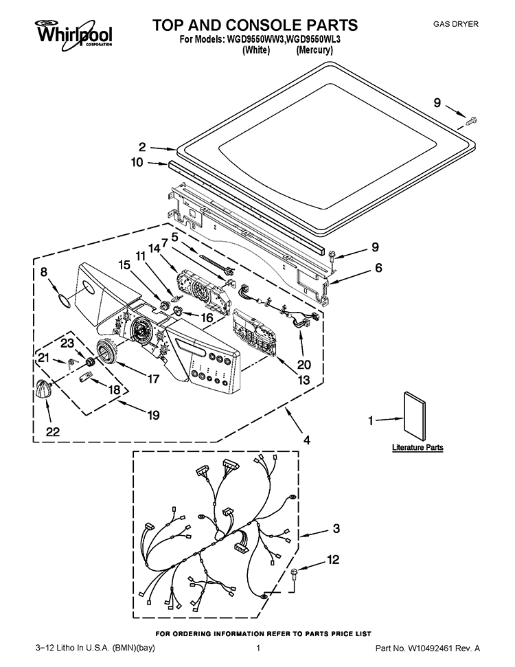 TOP AND CONSOLE PARTS Diagram and Parts List for WGD9550WL3  Whirlpool Dryer